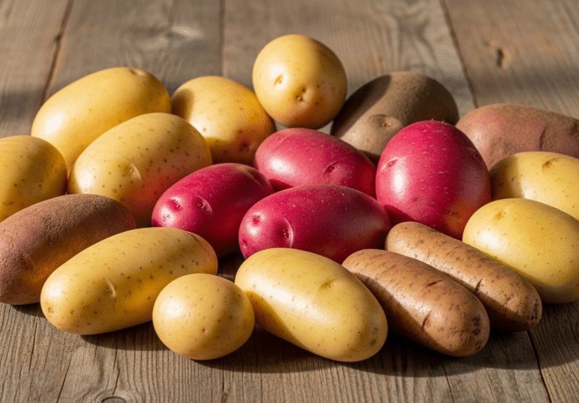 Различные сорта картофеля на деревянном столе — ранние, средние и поздние виды.
