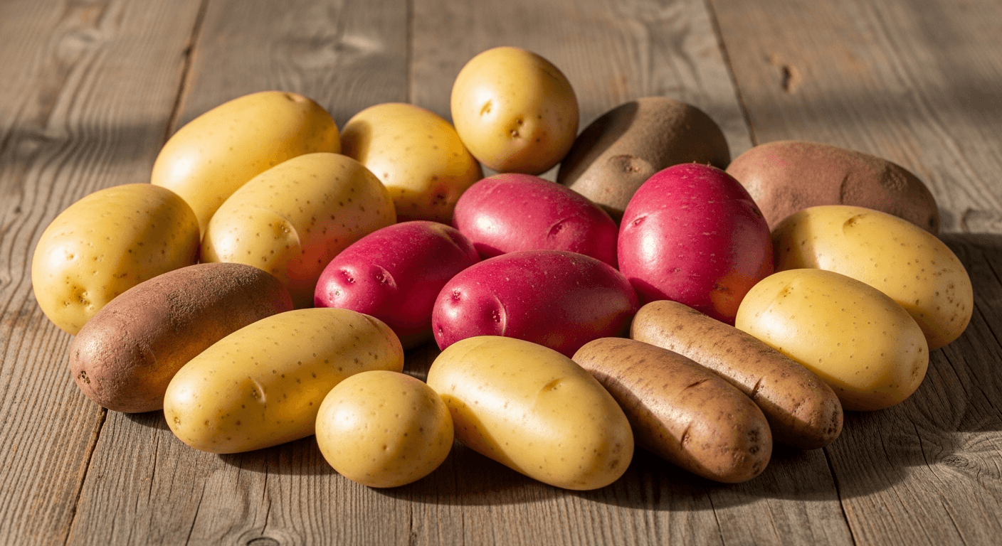 Различные сорта картофеля на деревянном столе — ранние, средние и поздние виды.