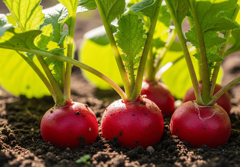 Выращивание редиса в открытом грунте — свежие корнеплоды на грядке.