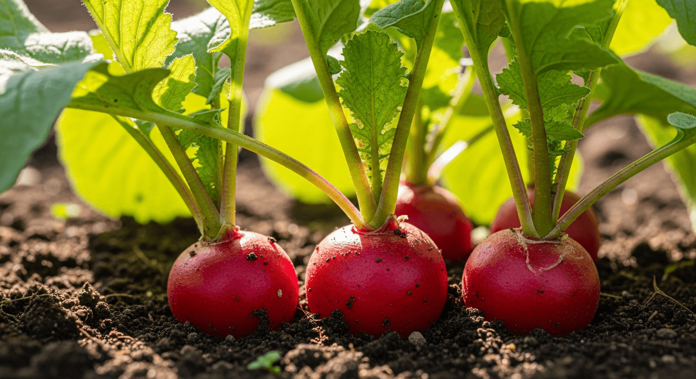 Выращивание редиса в открытом грунте — свежие корнеплоды на грядке.
