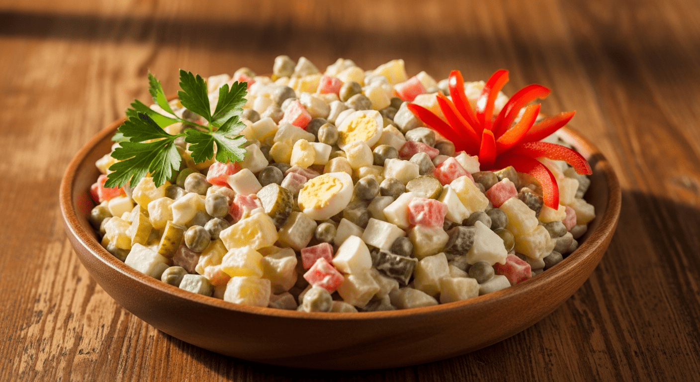 Фотография классического салата Оливье, украшенного зеленью и перцем, на праздничном столе