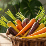 Разнообразные сорта моркови в корзине, свежие и сочные корнеплоды.