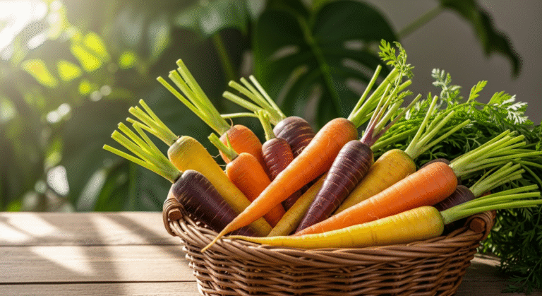 Разнообразные сорта моркови в корзине, свежие и сочные корнеплоды.