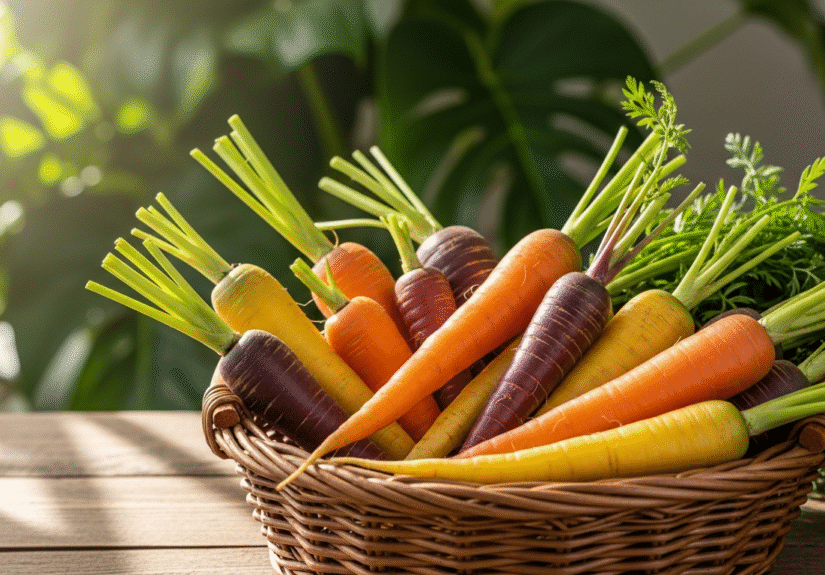 Разнообразные сорта моркови в корзине, свежие и сочные корнеплоды.