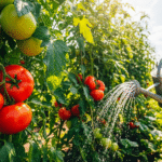 Подкормка помидоров на грядке с поливом, здоровые растения с красными плодами.