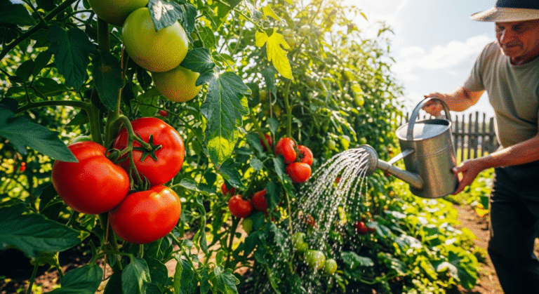 Подкормка помидоров на грядке с поливом, здоровые растения с красными плодами.