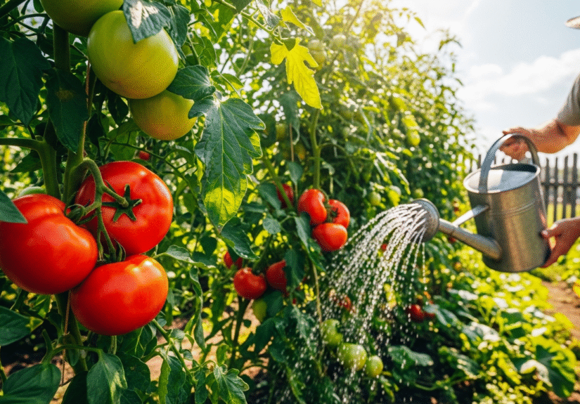 Подкормка помидоров на грядке с поливом, здоровые растения с красными плодами.