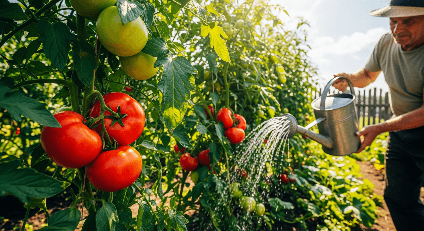 Подкормка помидоров на грядке с поливом, здоровые растения с красными плодами.
