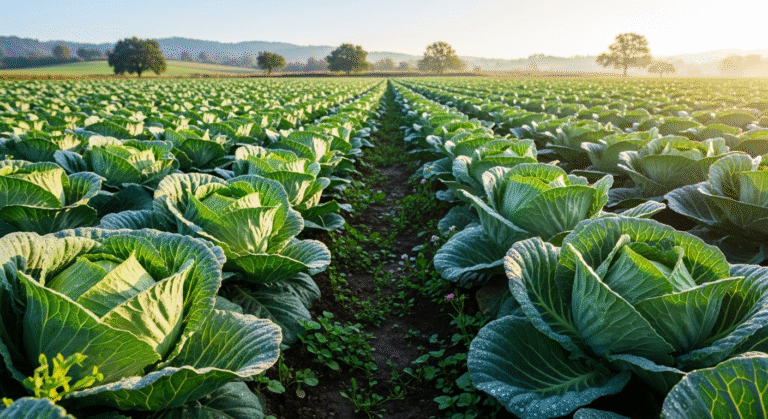 Выращивание капусты без химии на органической грядке, зеленые кочаны под солнцем.