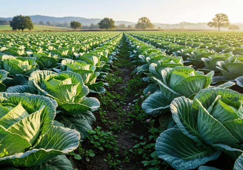 Выращивание капусты без химии на органической грядке, зеленые кочаны под солнцем.