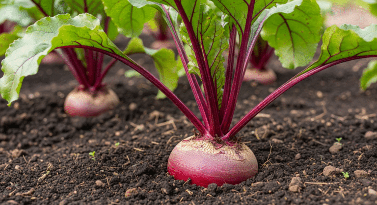 Сладкая свекла в почве в процессе выращивания сладкой свеклы на огороде.