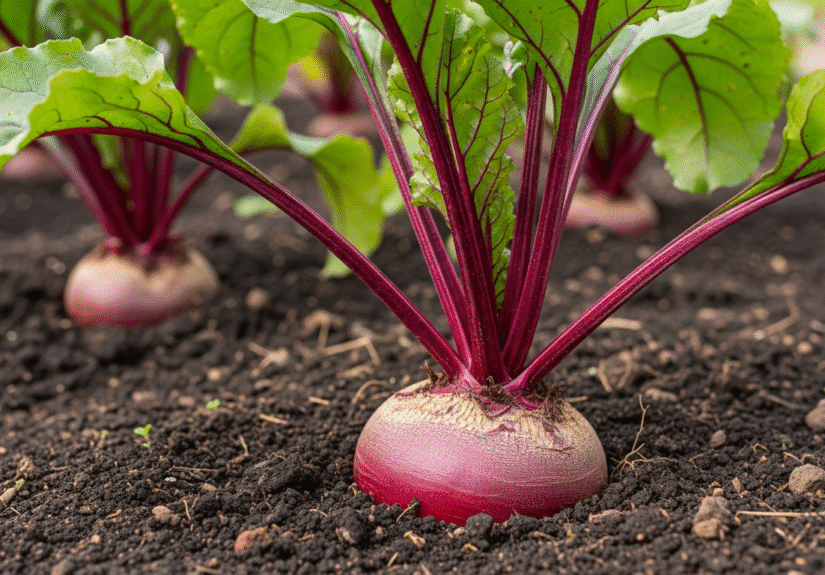 Сладкая свекла в почве в процессе выращивания сладкой свеклы на огороде.