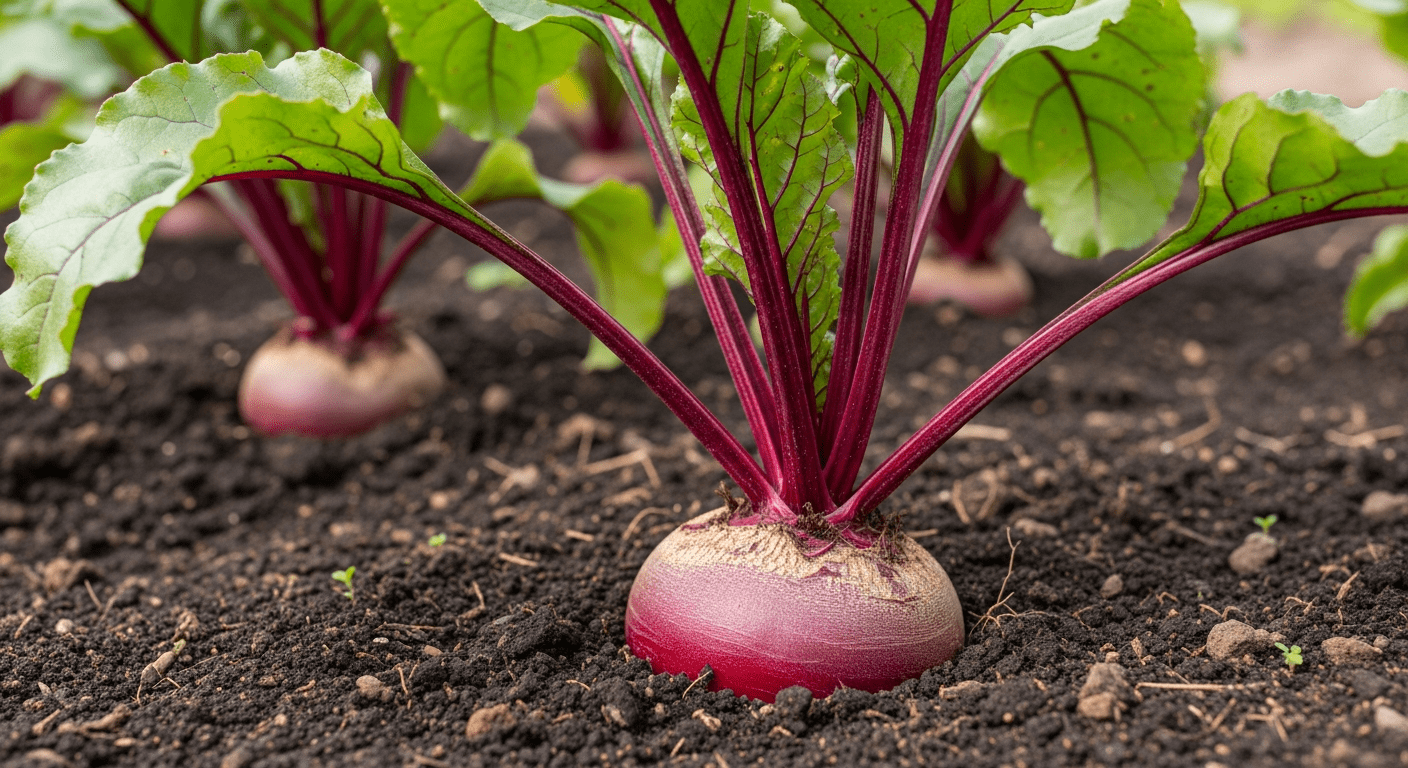 Сладкая свекла в почве в процессе выращивания сладкой свеклы на огороде.