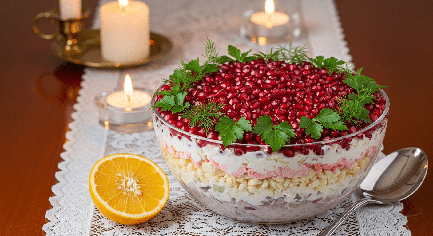 Гранатовый браслет — праздничный салат с гранатовыми зернами и свежими ингредиентами
