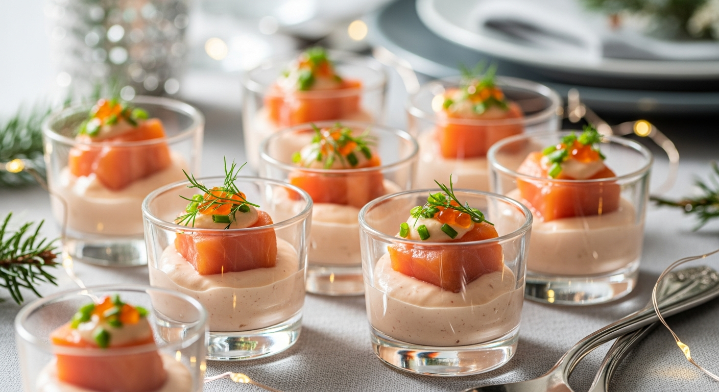 Лосось в сливочном соусе в мини-стаканчиках в праздничной подаче