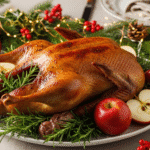 Фотография утки с яблоками на праздничном столе, золотистая корочка и праздничное оформление.