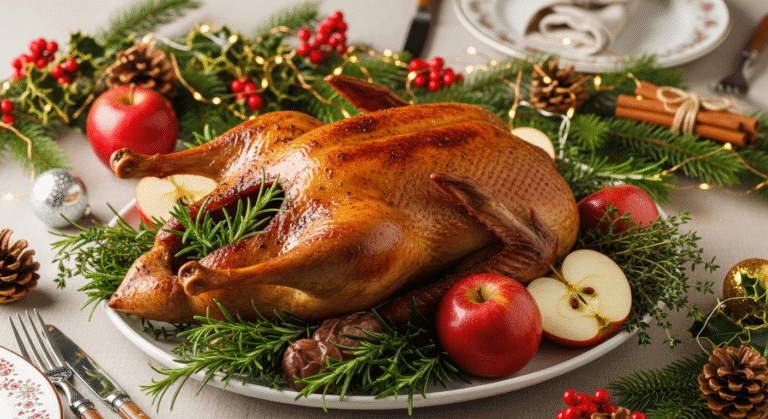 Фотография утки с яблоками на праздничном столе, золотистая корочка и праздничное оформление.