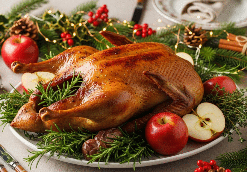 Фотография утки с яблоками на праздничном столе, золотистая корочка и праздничное оформление.