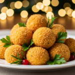 Новогодние сырные шарики на праздничном столе с зеленью и новогодним декором