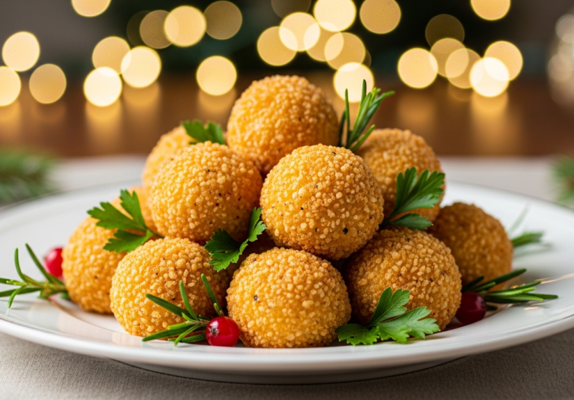 Новогодние сырные шарики на праздничном столе с зеленью и новогодним декором
