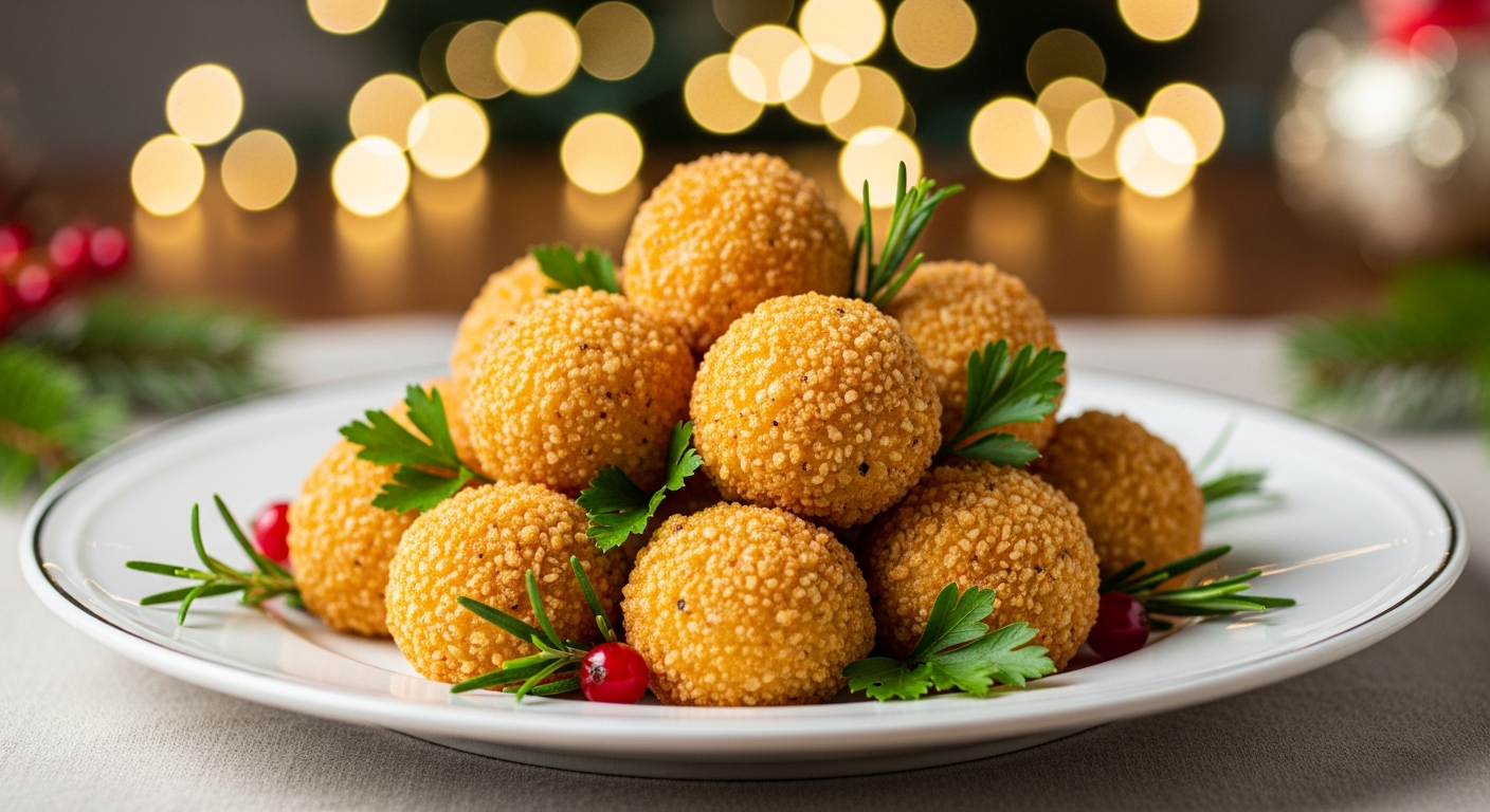 Новогодние сырные шарики на праздничном столе с зеленью и новогодним декором