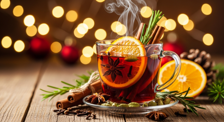 Глинтвейн на Новый год в стеклянной кружке с корицей и апельсином.