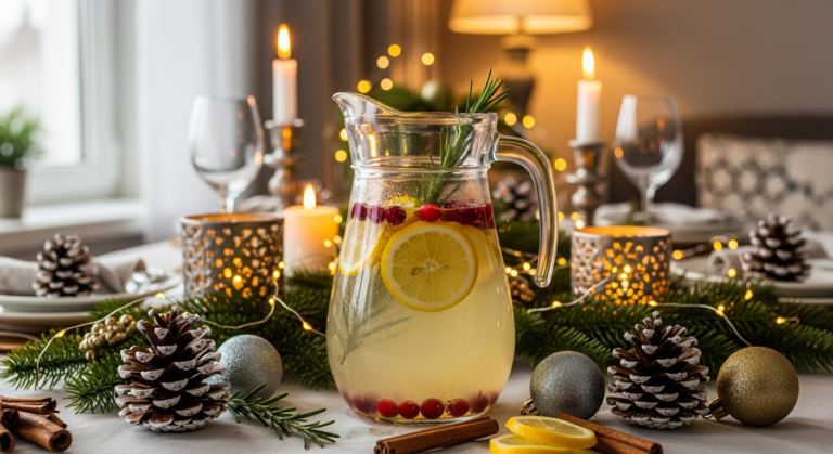 Домашний лимонад на новогодний стол с лимонами, ягодами и праздничным оформлением