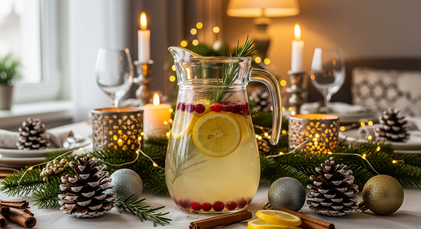Домашний лимонад на новогодний стол с лимонами, ягодами и праздничным оформлением